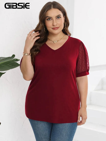 GIBSIE Plus Size Solid V-neck Swiss Dot Puff Short Sleeve T Shirt Women 2023 Fashion Summer Loose Casual Female T-Shirts Tops