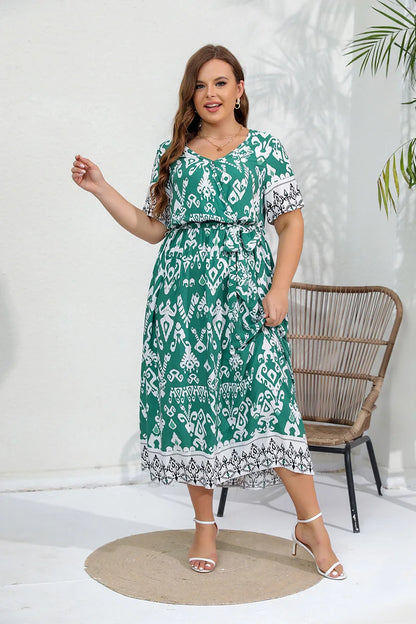 GIBSIE Plus Size Ethnic Print Belted Maxi Dress Women 2024 Spring Summer Short Sleeve Holiday Boho Beach Elastic A-Line Dresses