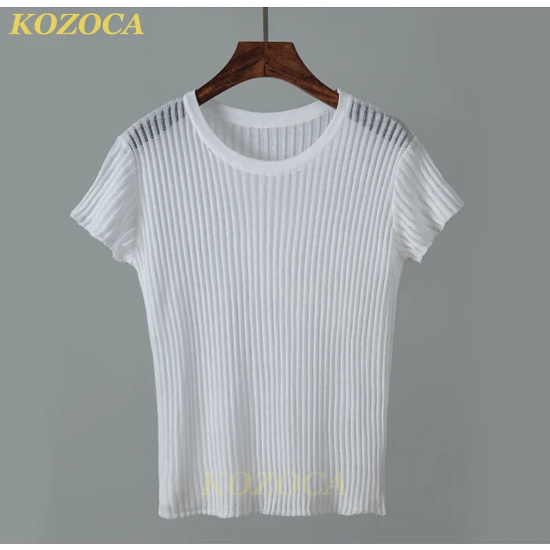 Kozoca 100% Wool Chic White Elegant Striped See Through Women Tops Outfits Short Sleeve T-Shirts Tees Skinny Club Party Clothes