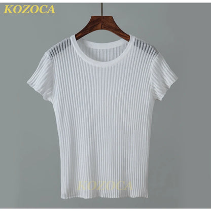 Kozoca 100% Wool Chic White Elegant Striped See Through Women Tops Outfits Short Sleeve T-Shirts Tees Skinny Club Party Clothes