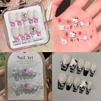 Kawaii Cute Sanrio Hello Kitty Handwork Press-on Nails Anime Sweet Detachable Fake Nails Schoolgirl Accessory Festivals Gift