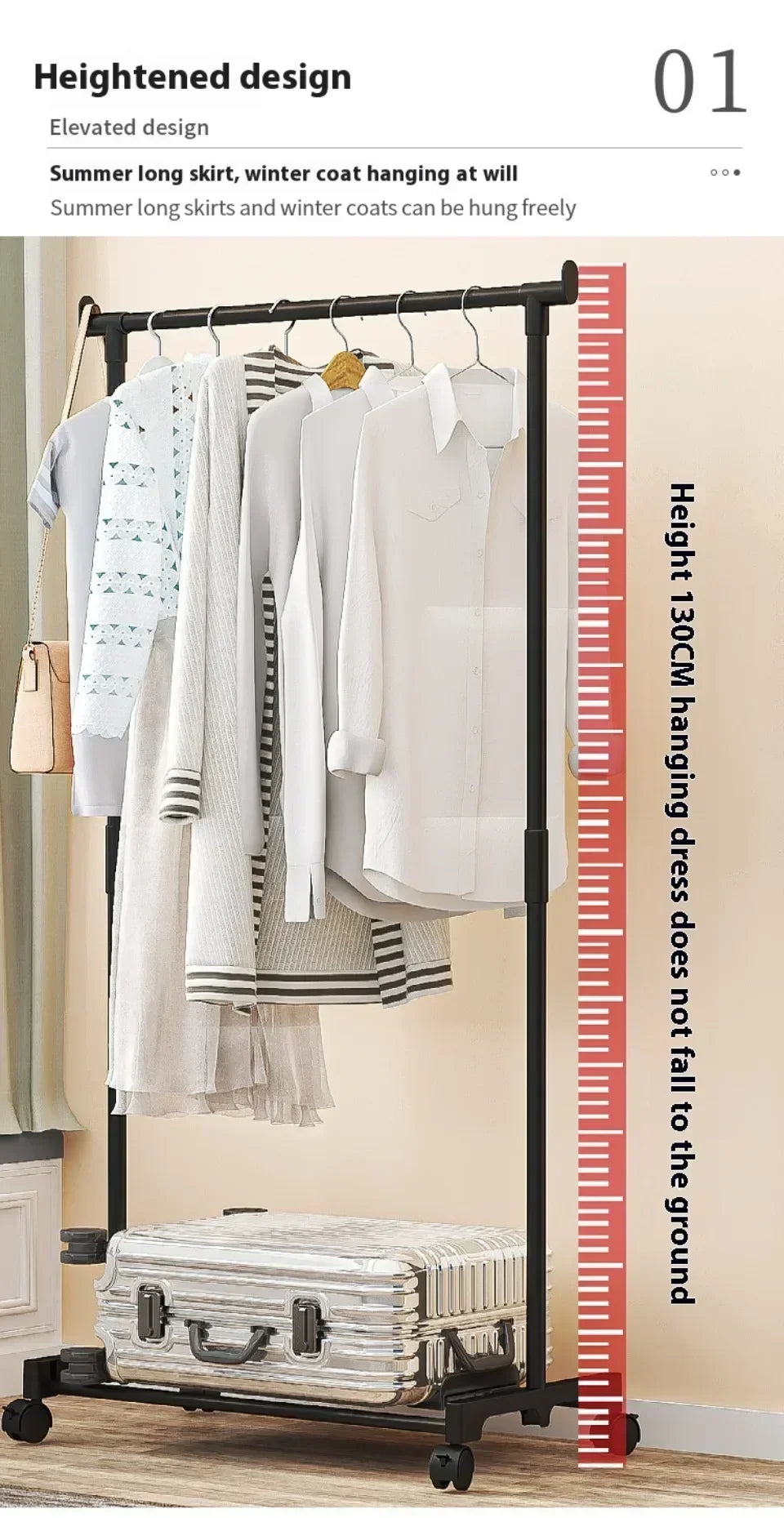 Coat Rack Movable Double Clothes Shelf Simple Rod Clothes  Floor-Standing Bedroom Telescopic Floor Hangers Storage Coat Rack