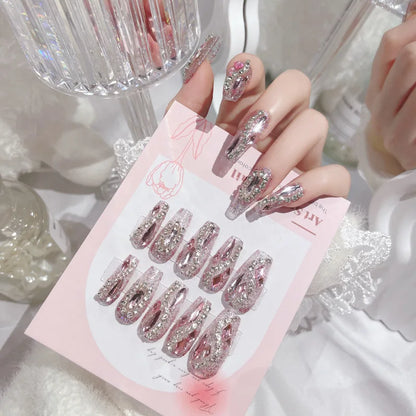 24pcs Luxury Handmade Nail Art Glossy Long Ballet Fake Nails Full Rhinestone Press On Nails Y2K False Nails For Women Girl Party