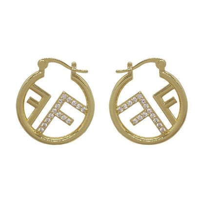 Full of zircon hollow circle letter F ear buckle personality fashion cold wind light luxury niche temperament earrings