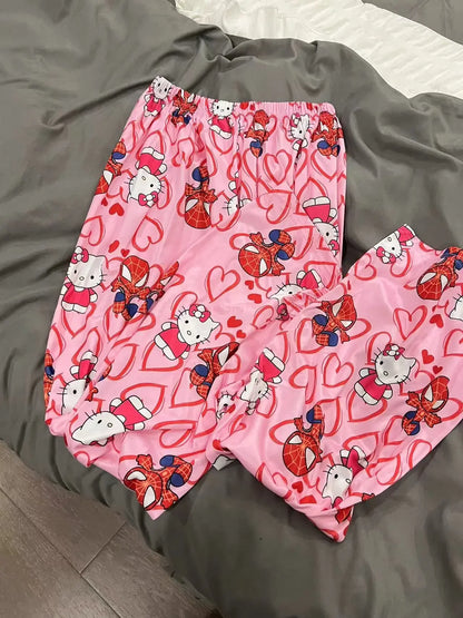 Miniso Spiderman Hello Kitty Cartoon Women's Pajama Long Pants Spring/Summer Edition Home Leisure Couple Pants Sleep Pants