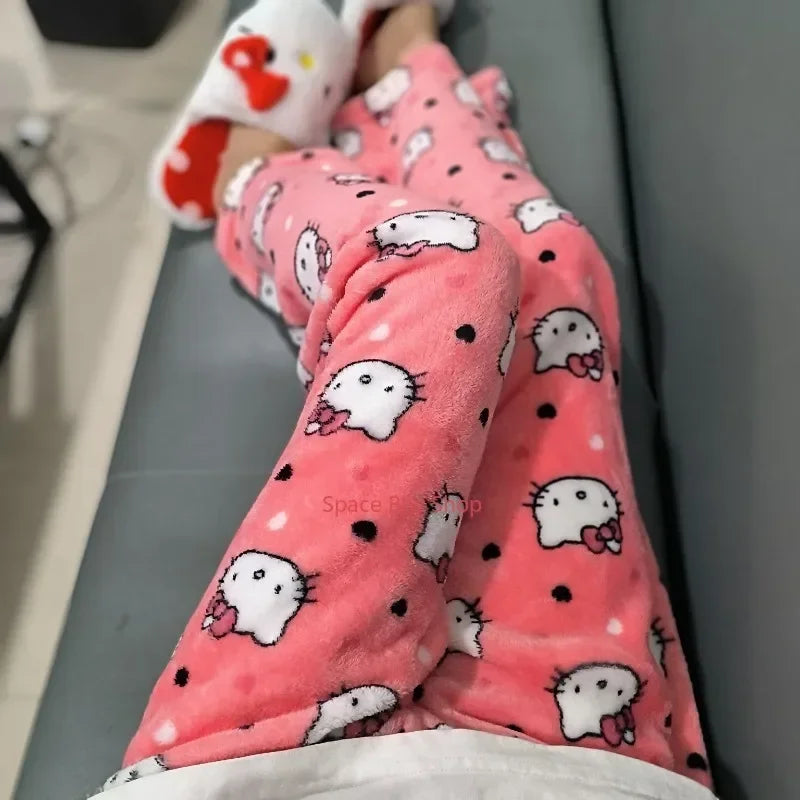 Thicken Hello Kitty Pajama Pants Sanrio Anime Fleece Double Elastic Fabric Soft Trousers Women Trousers Cartoon Birthday Gift