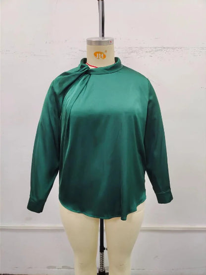 GIBSIE Plus Size Keyhole Long Sleeve Green Shirt Women Autumn New Solid Elegant Office Ladies Satin Tops And Blouses 2024