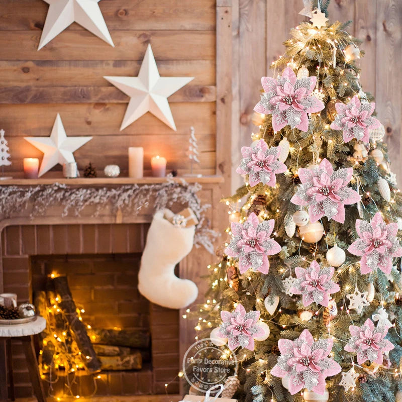 5/10Pcs Glitter Pink Christmas Flowers Xmas Tree 14cm Artifical Flower Ornaments 2024 Christmas Decoration For Home New Year