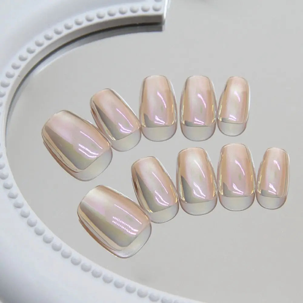 24Pcs New Style Press On Nails Long Square False Nails French Shining Cat Eye Fake Nails Full Cover Detachable Nail Tips