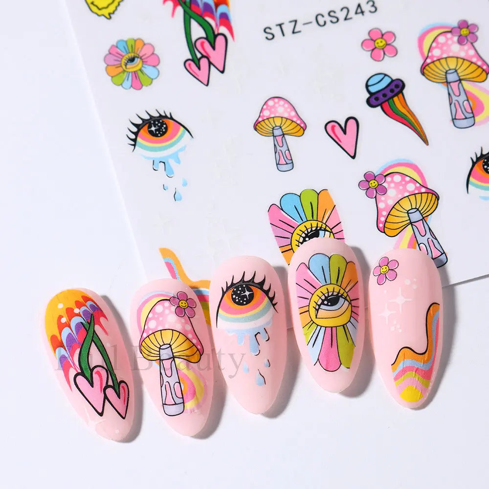 3D Nail Stickers Eyes Mushroom Flower Sliders for Nails Designs Rainbow Abstract Nail Art Adhesive Decals  Decoration STZCS240