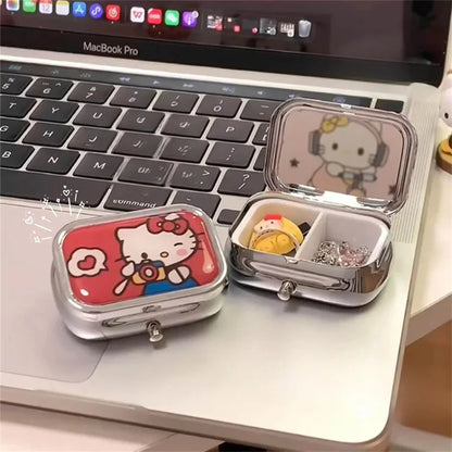 Kawaii Hello Kittys Portable Jewelry Box with HD Mirror Mini Sealed Subpackage Boxs Cute Cartoon Girl Heart Travel Storage Box