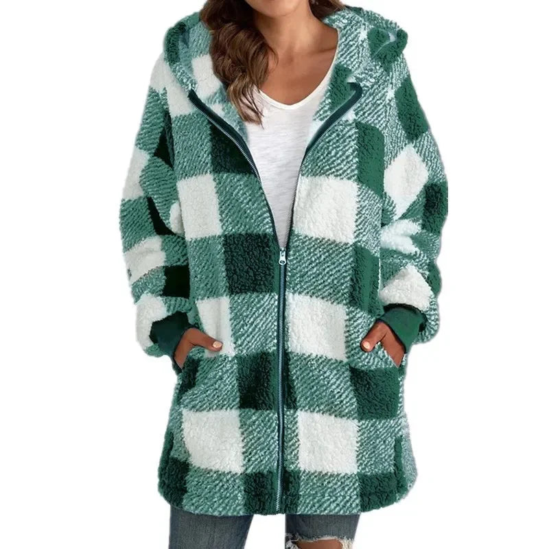 Fashion simple autumn and winter plush women's coat new long sleeve plaid thick warm hooded zipper with pocket loose coat