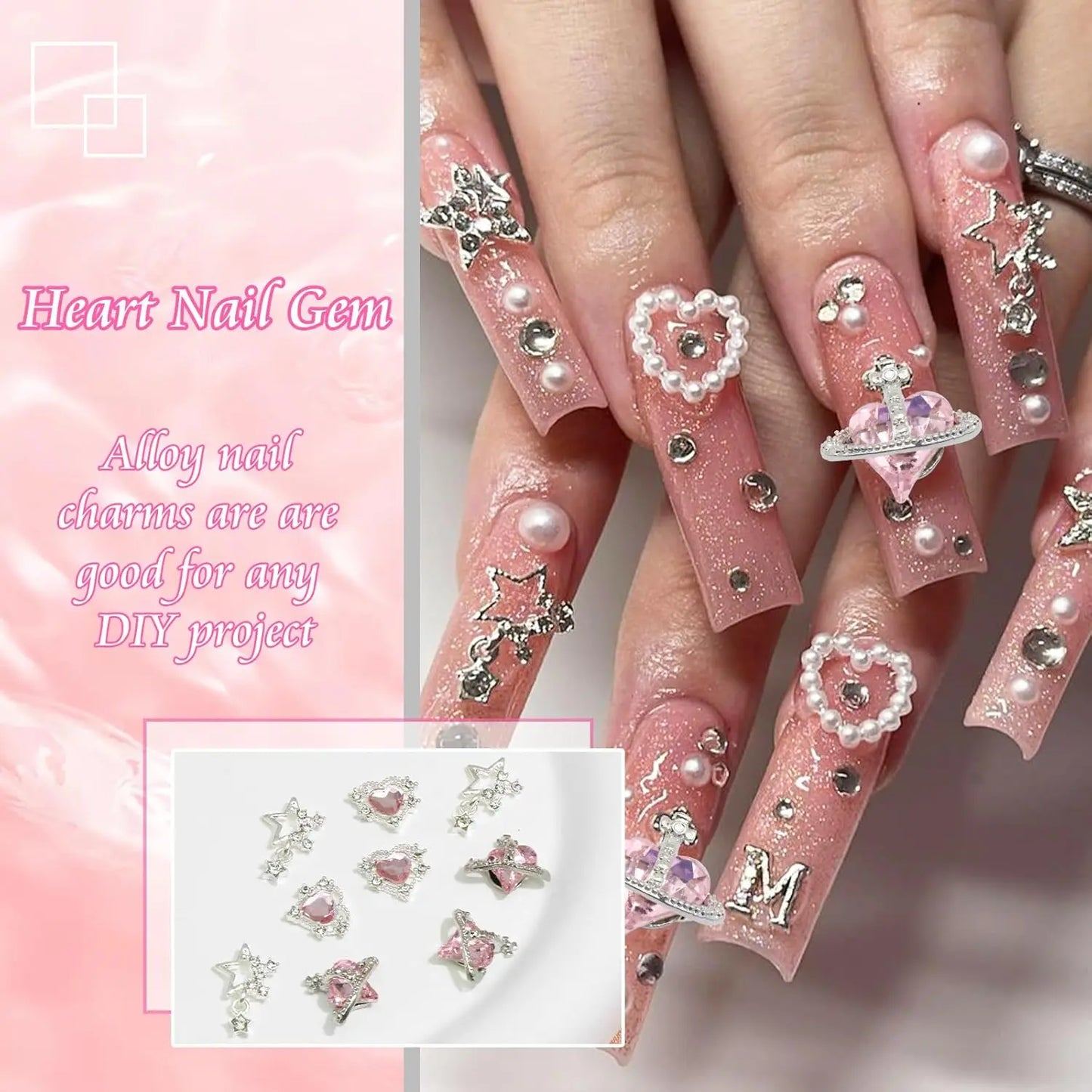 15PCS Nail Art Charms Crystal Heart Nail Charms Pink Shiny Planet Charms 3D Alloy Star Nail Charm Shiny Flatback Diamond Nail