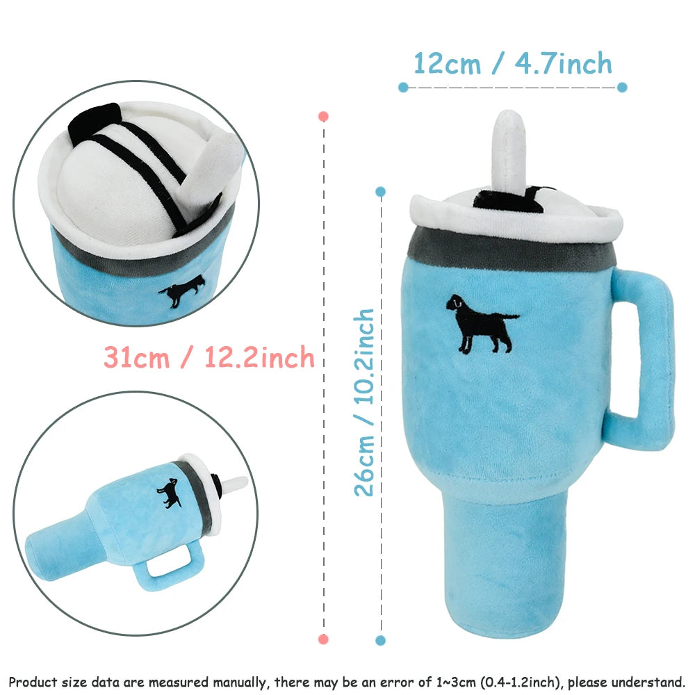 31cm Tall Squeaky Puppy Cup Plush Dog Toy with Handle and Straw Soft and Stylish Cup Shape Pet Toy for Small and Medium Dogs