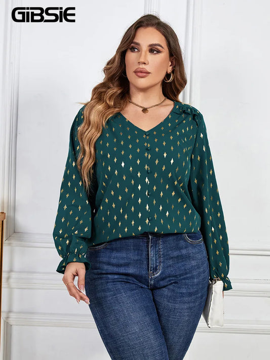 GIBSIE Plus Size Gold Print Frill Trim V-Neck Blouse Women Spring Fall Buttons Casual Long Sleeve Ladies Tops And Blouses 2023