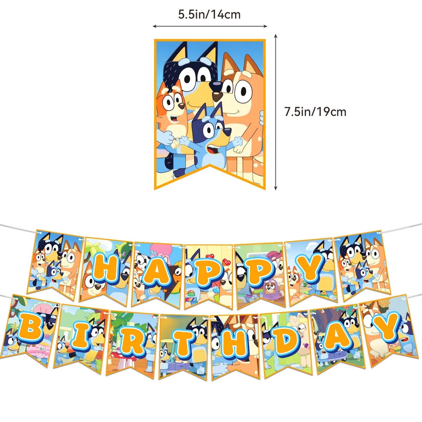 Cute Bluey family Dog Birthday Party cutlery plate Disposable Banner Cake Topper Hanging Flag Balloons Set Birthday Decorations