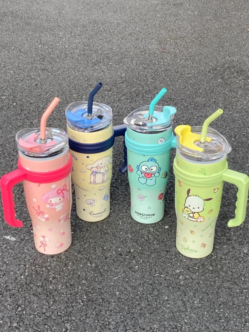 1200ml Sanrio Thermos Bottle Cute Hello Kitty Kuromi Cinnamoroll Melody Cartoon Large Capacity Straw Stainless Steel Bottle Gift