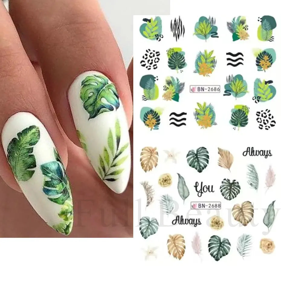 12pcs Green Palms Leaf Water Transfer Nail Sticker Summer Tropical Plants Decals Watermark Slider for Nail Art Decoration Tips