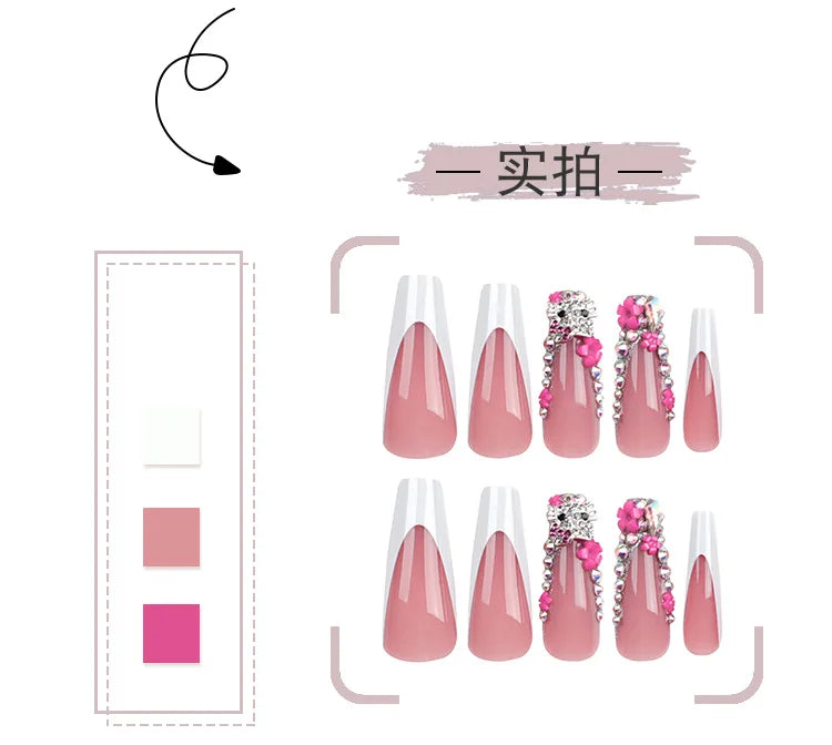 24Pcs/set Y2K Fake Nail Art with Hellokitty Rhinestone French White Edge Design Wearable Long Fasle Nail Tips Manicure Patch