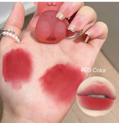 Cute Bear Keychain Lip Mud Matte Velvet Mousse Grey Pink Lipstick Waterproof Long Lasting Non-Stick Cup LipGloss Korean Cosmetic