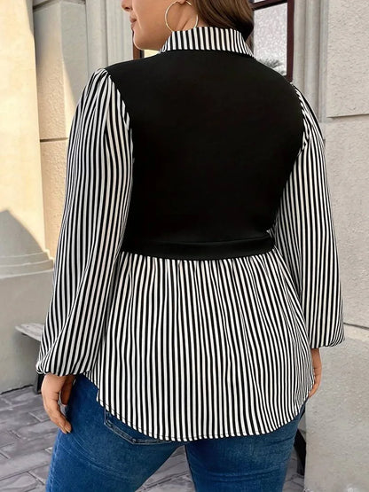 GIBSIE Plus Size 2 In 1 Striped Shirts Women New 2024 Spring Lantern Long Sleeve Lapel Neck Casual Fashion Blouses Tops Female