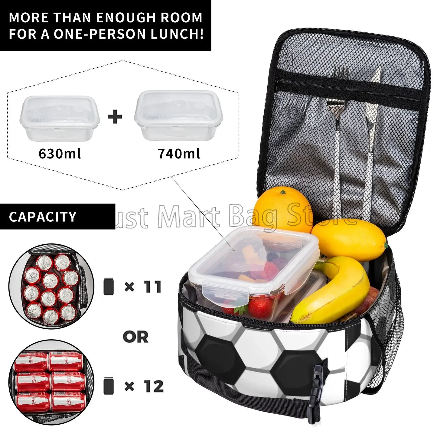 Soccer Insulated Lunch Bags Cooler Tote Organizer Bags Reusable Lunch Box for Women Girls Boys School Work Picnic Camping Travel