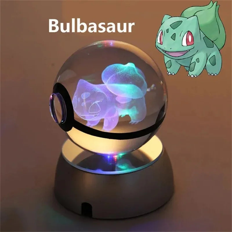 Pokemon 3D Crystal Ball Pikachu Figure Pokeball Engraving Crystal Charizard Model with Led Light Base Toys Anime Christmas Gift