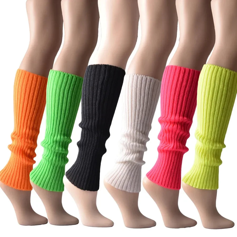 Women Halloween 80s Neon Colored Knit Leg Warmers Ribbed Bright Footless Socks Punk Black Knee High Gothic Hip-hop Rock Sock