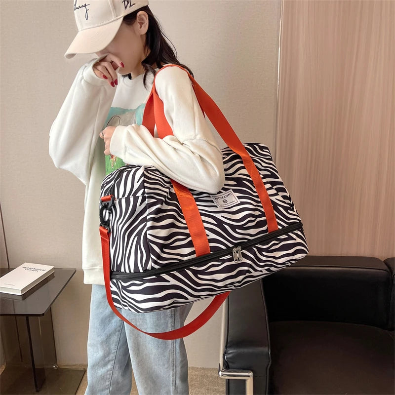 Spacious & Durable Women's Carry-On Travel Bag with Animal Print Nylon Large Capacity Sports Gym Bag  Weekend Overnight Bag