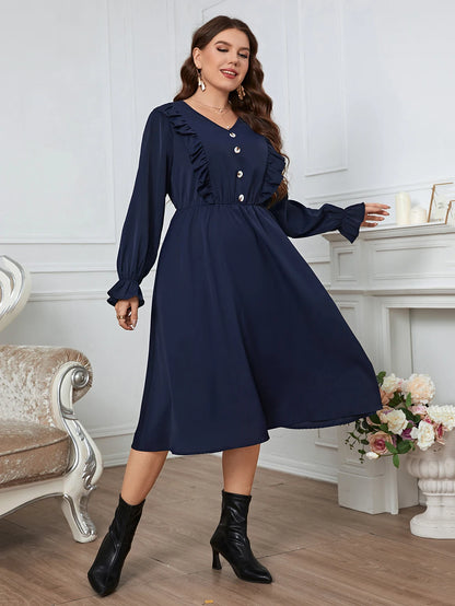 GIBSIE Plus Size Solid Button Front Frill Trim Midi Dresses Women Spring Fall Casual Long Sleeve Female Elastic A-Line Dress