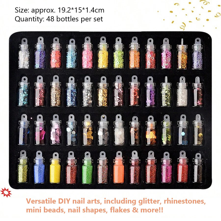 Artlalic 48 Bottles Nail Art Rhinestones Beads Sequins Glitter Tips Decoration Tool Gel Nail Stickers Mixed Design Case Set