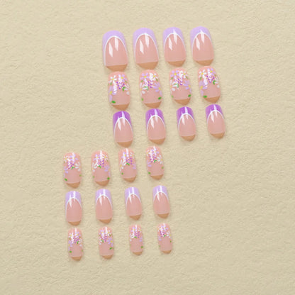 24pcs Press on Nails Detachable with white small flowers Fake Nails French Ballerina False Nails Full Cover Nail Tips