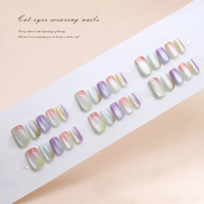 24Pcs New Style Press On Nails Long Square False Nails French Shining Cat Eye Fake Nails Full Cover Detachable Nail Tips