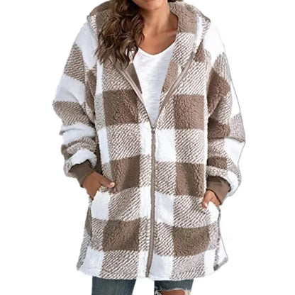 Fashion simple autumn and winter plush women's coat new long sleeve plaid thick warm hooded zipper with pocket loose coat