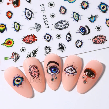 3D Nail Stickers Eyes Mushroom Flower Sliders for Nails Designs Rainbow Abstract Nail Art Adhesive Decals  Decoration STZCS240