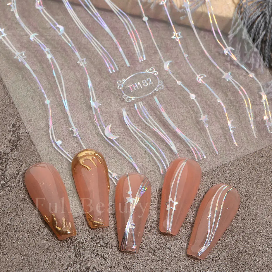 3D Holographic Silver Wave Lines Nail Sticker Decor Laser Heart Star Moon Adhesive Sliders Metal Geometry Stripe Manicure TH182