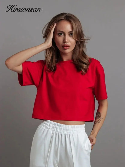 Hirsionsan 100% Cotton Short T Shirt Women 2024 New Y2k Summer Basic Vintage Tees Casual Loose Chic O Neck Female Crop Tops