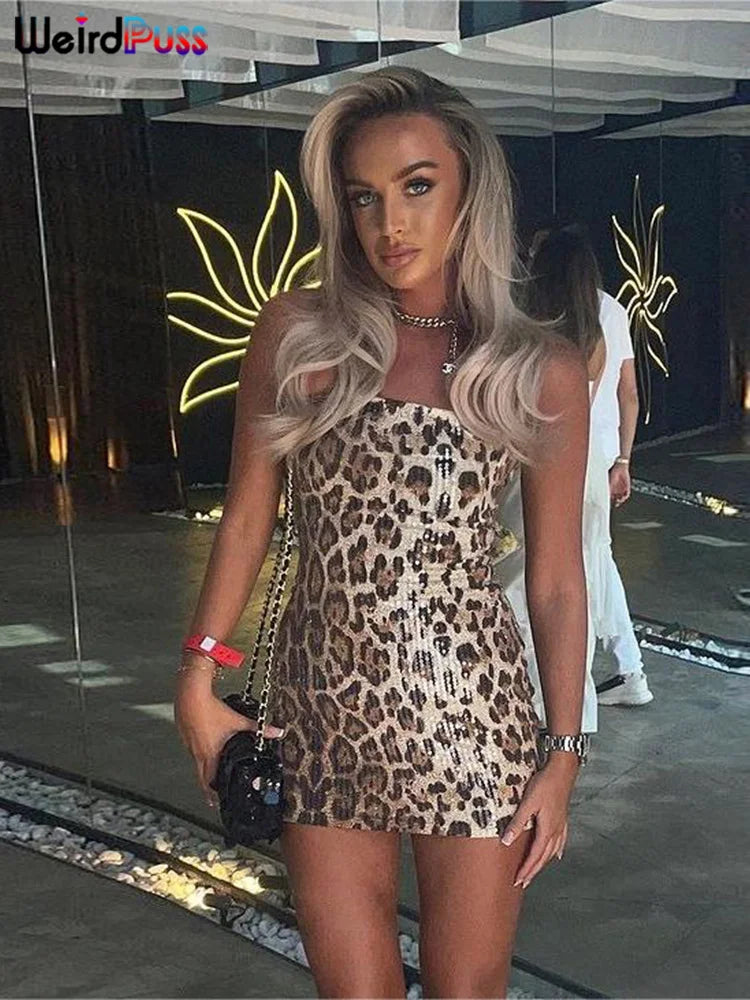 Weird Puss Leopard Print Sexy Dress Women Sequins Hipster Summer Fashion Skinny Elastic Skinny Midnight Party Clubwear Bodycon