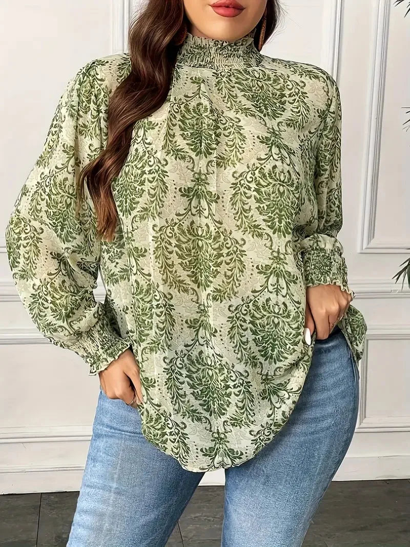 GIBSIE Plus Size Stand Collar Keyhole Back Print Blouse Women Autumn Lantern Long Sleeve Loose Tops Female Casual Boho Clothing