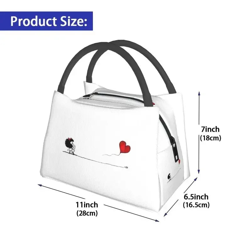 Mafalda Balloon Heart Insulated Lunch Bags for Waterproof Quino Manga Cartoon Cooler Thermal Bento Box Beach Camping Travel