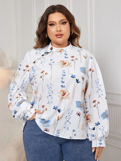 GIBSIE Plus Size Stand Collar Button Blouse Women Fashion Autumn Floral Print Casual Long-sleeved Shirt Tops Female