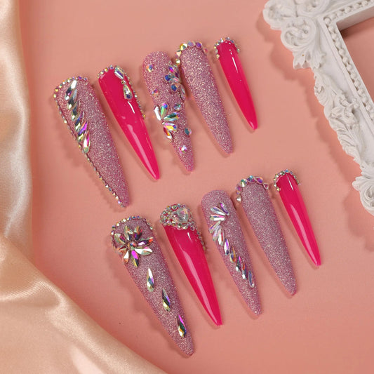 10Pcs Rose Red With Glitter Design False Nails Long Pointy Press on Nails with Rhinestone Wearable Fake Nails Party Finger Nail