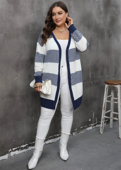 GIBSIE Plus Size Women's Cardigan Contrasting Color Striped Open Front Knitted Sweater Fall Winter Casual Long Cardigan Coat