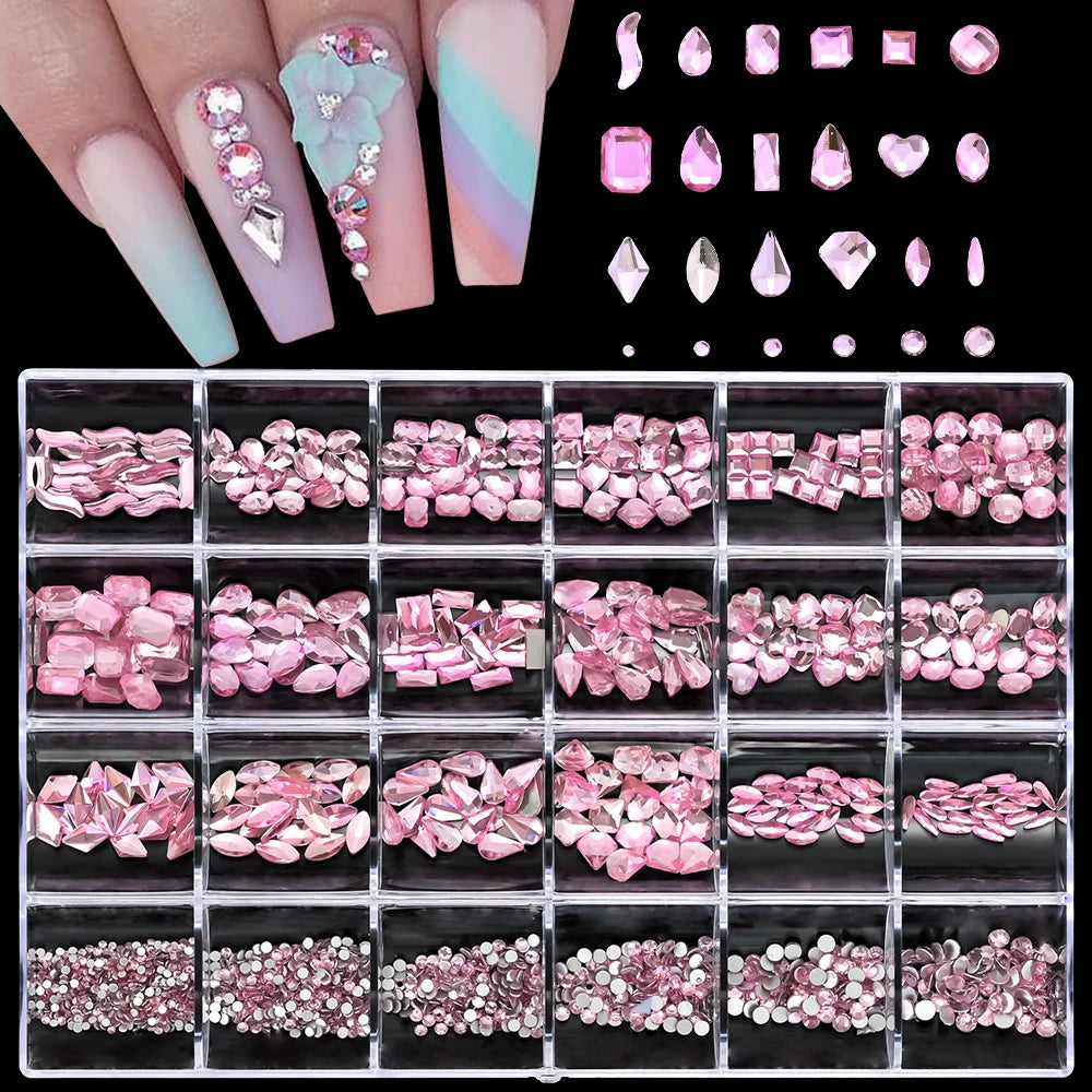 2000PCS Luxury Shiny Diamond Nail Rhinestones Pink/Gold/Black Crystal Nail Decoration Box Nail Charms Square/Round/Multi-shaped