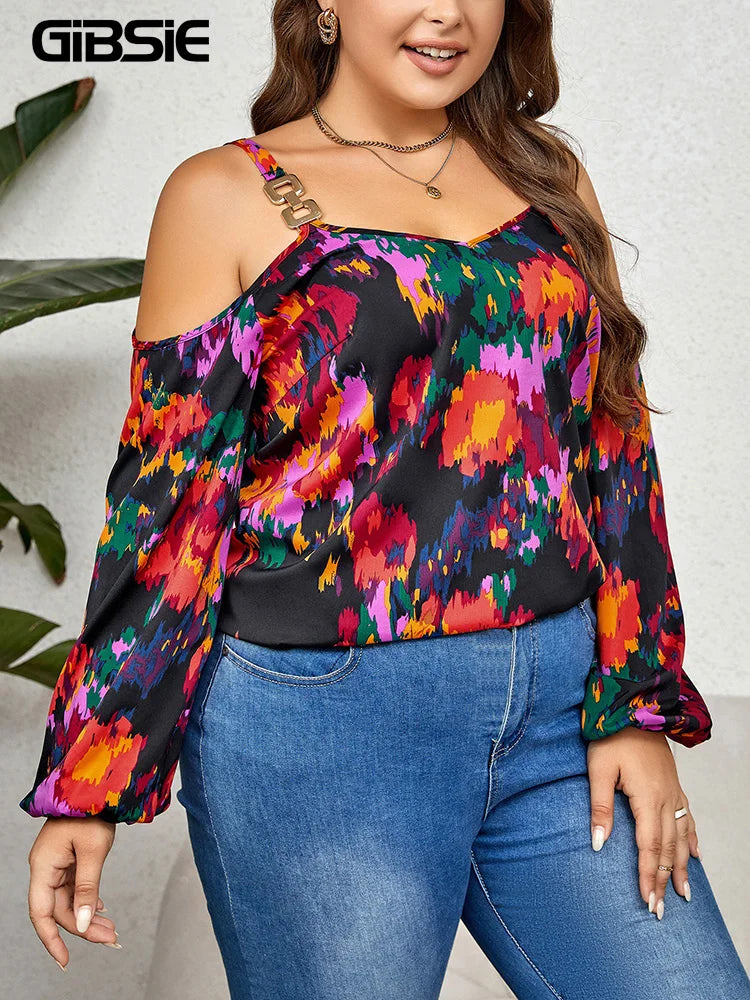 GIBSIE Plus Size Cold Shoulder V Neck Long Sleeve Print Blouses Women Fashion 2023 Spring Fall Sweet Casual Blouse Top Shirt