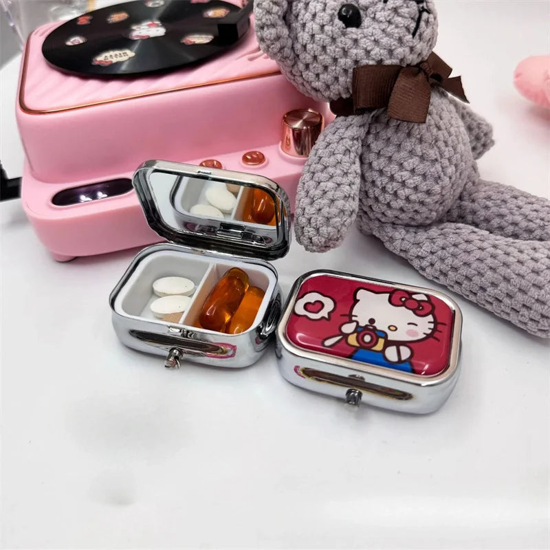 Kawaii Hello Kittys Portable Jewelry Box with HD Mirror Mini Sealed Subpackage Boxs Cute Cartoon Girl Heart Travel Storage Box