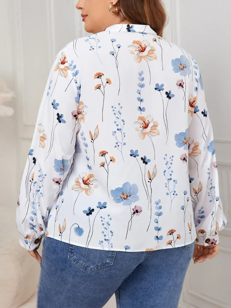 GIBSIE Plus Size Stand Collar Button Blouse Women Fashion Autumn Floral Print Casual Long-sleeved Shirt Tops Female