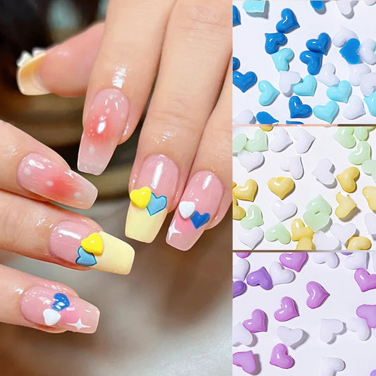 100Pcs Cute Heart-shaped Nail Art Decoration 3D Candy Colorful Charm Rhinestone Flatback Nail Manicure Accessories