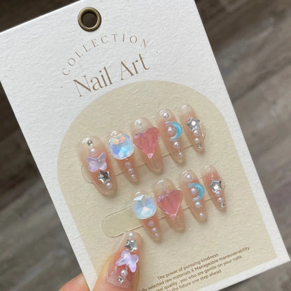 10Pcs Handmade Press on Nails Long Ballet Blue Fake Nails with 3D Ocean Moon Rhinestone Design False Nails Full Cover Nail Tips