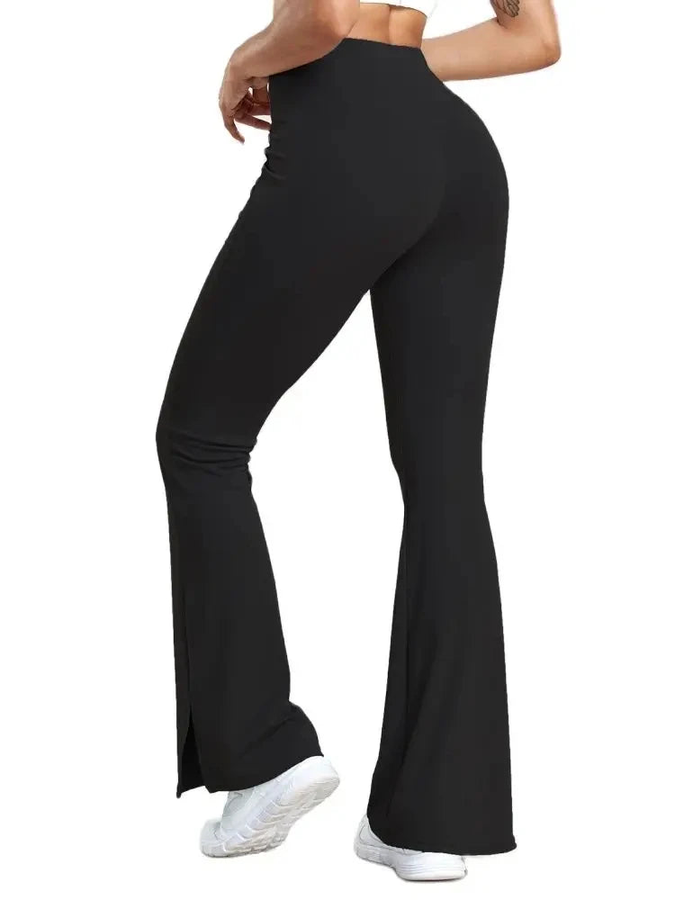 CHRLEISURE Yoga Flare Pants with Pockets Women Crossover Waist Sports Legging Butt Lift Workout Tights Split Hem Leggings